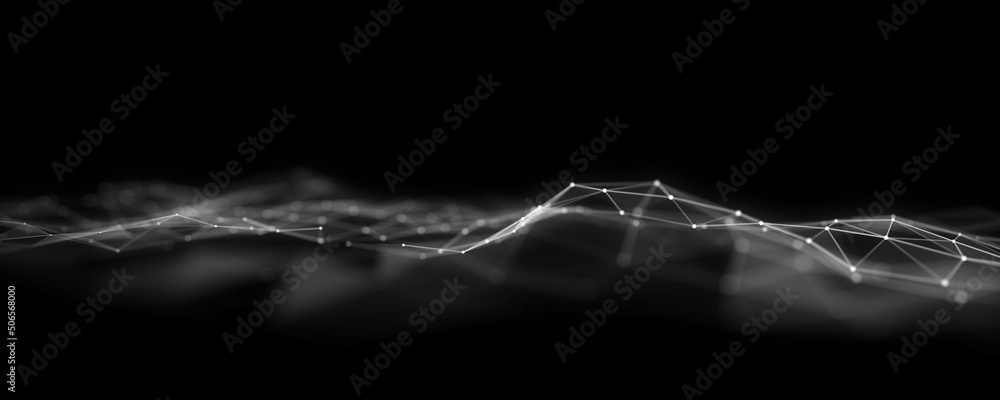 Poster abstract futuristic wave with moving dots, lines and triangles. flow of particles. cyber technology 