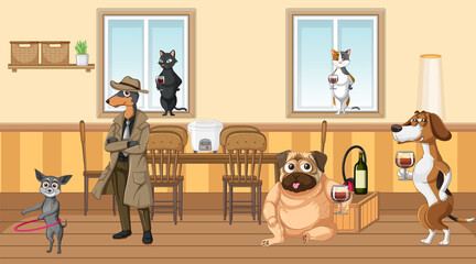 In house scene with dogs drinking wine