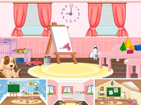 Set of different kindergarten classroom scenes