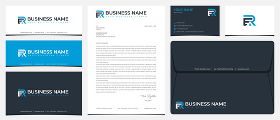 Home logo in the form of initials ER with stationery, business cards and social media banner designs
