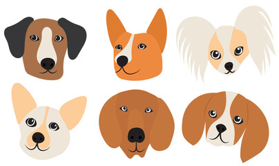 dogs of different breeds set portrait flat design, , isolated, vector