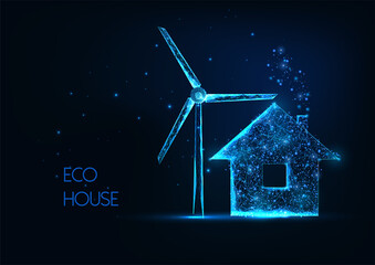 Futuristic eco home with renewable energy sources concept with glowing house and wind turbine  © Inna