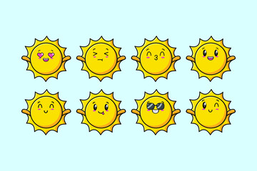 Set kawaii sun cartoon character with different expressions of cartoon face vector illustrations
