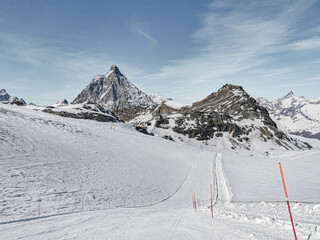 Winter sport at mountain Cervino, also called the Matterhorn. It's a mountain on the border of Italy and Switerland.