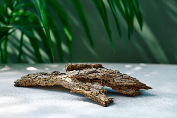 Wooden bark as podiums display before deep green surface and palm leaves for product presentation. Pedestal stand. Cosmetics or eco beauty product promotion trendy minimalist mockup.