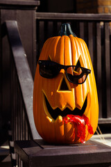 Halloween decorations and pumpkins in front of house in Westmount neighborhood of Montreal, Quebec...