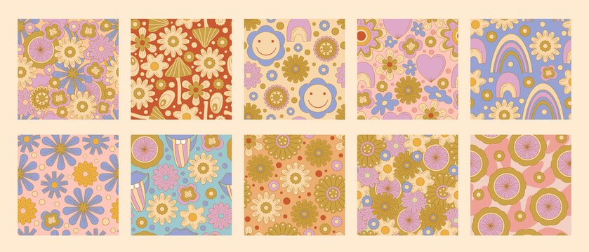 Modern flower retro groovy 70s seamless pattern set. Groovy daisy flower, rainbow background. Hippy illustration with 70s print design. Hippie print illustration. Vector retro floral seamless pattern