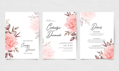Three sided wedding invitation template set with elegant rose watercolor