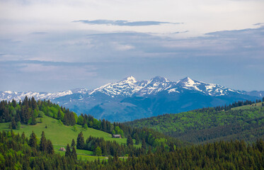 Landscape from the Tihuta pass - Romania with the top of the snow-capped mountains