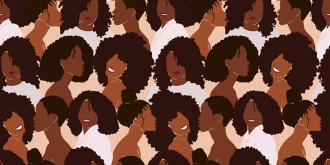 Modern Seamless pattern with diverse black women's faces and trendy hairstyles. Female portrait of African Americans with beautiful faces and smiles. Black lives matter concept