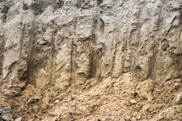 Ground sand and clay at the construction site close-up. Background of excavated soil. Earthworks at the construction site.