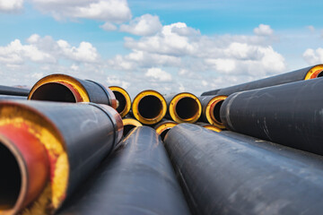 Insulated pipe. Large metal pipes with a plastic sheath at a construction site. Modern pipeline for...