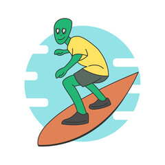 Cute alien character surfing in flat cartoon style