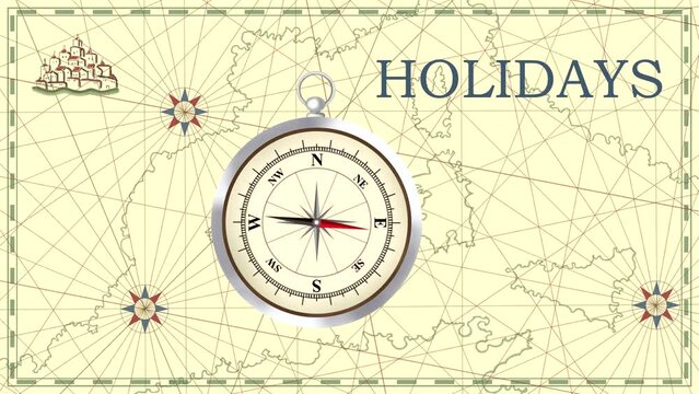 Animation with a map and a compass arrow rotating near word "holidays" (seamless loop)