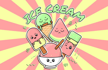 cute kawaii ice cream characters with many expression, background