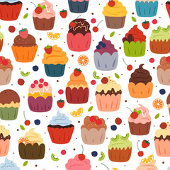 seamless pattern hand drawing cartoon cupcake and fruit