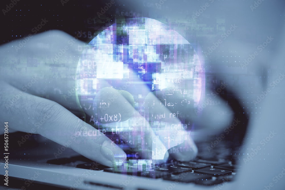 Poster Close up of hands using laptop computer keyboard with human skull hologram. Web danger, hacking and phishing concept. Double exposure.