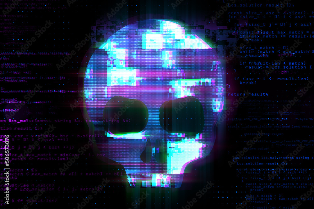 Poster human skull on glitched screen background. computer virus, hacker or malware software, phishing atta