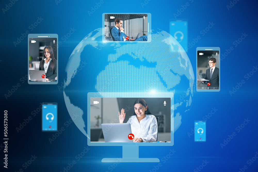 Poster creative globe map with computer screens and creative video conference call between attractive young