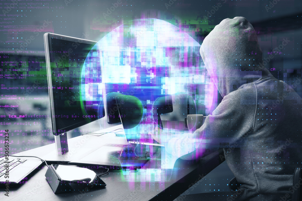 Aufkleber hacker at desktop using laptop computer keyboard with abstract digital skull hologram on blurry office interior background. Hacking, danger, virus, malware and phishing concept. 