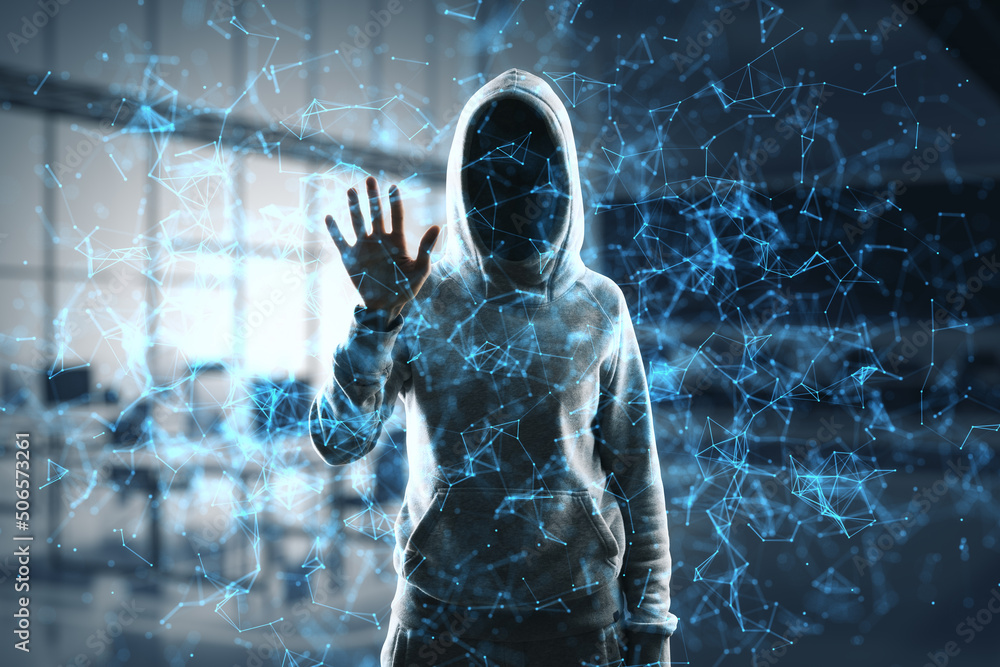 Poster Hacker standing in abstract blurry office interior with blue polygonal mesh. Technology, security and web hacking concept. Double exposure.