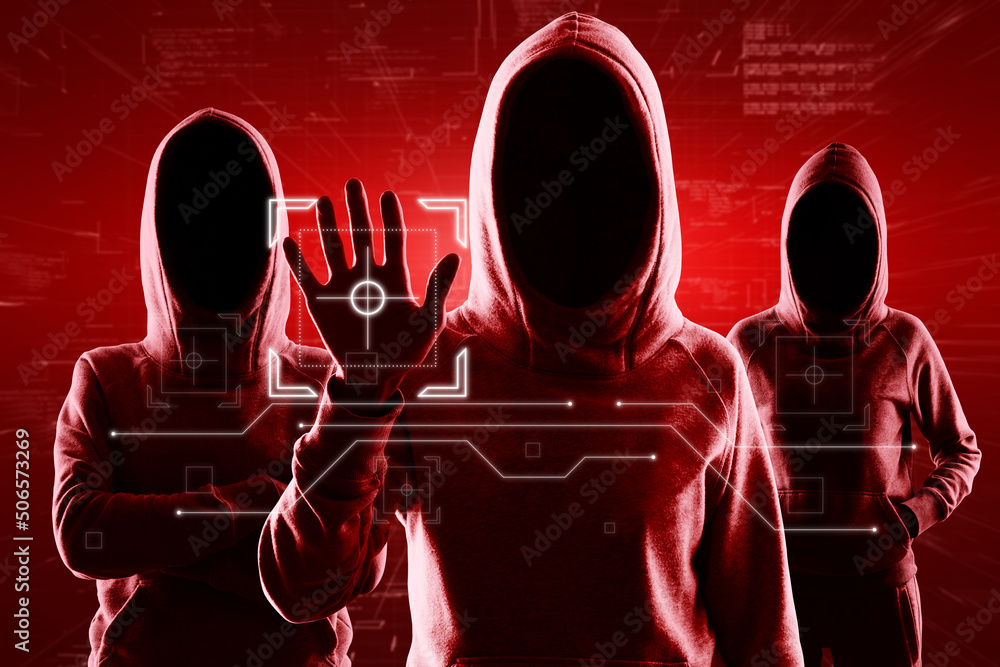 Poster Group of hackers standing on abstract red background and using digital interface with hand. Hacking, access and virus concept. Double exposure.