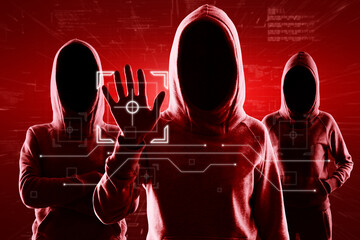Group of hackers standing on abstract red background and using digital interface with hand....
