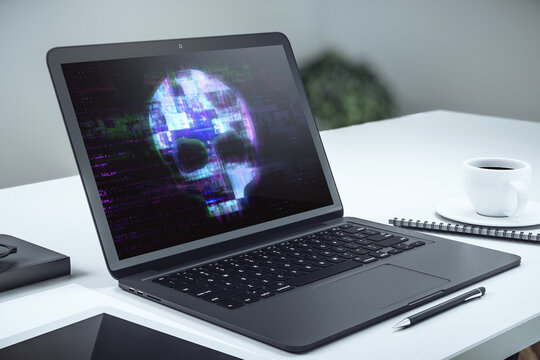 Close up of laptop screen on desktop with abstract digital skull hologram. Hacking, malware, and phishing concept. 3D Rendering.