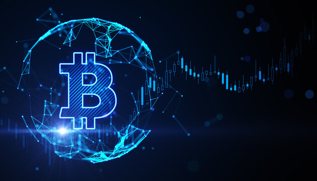 Cryptocurrency and investing concept with bright digital bitcoin symbol in technological sphere and financial candlestick on dark background. 3D rendering