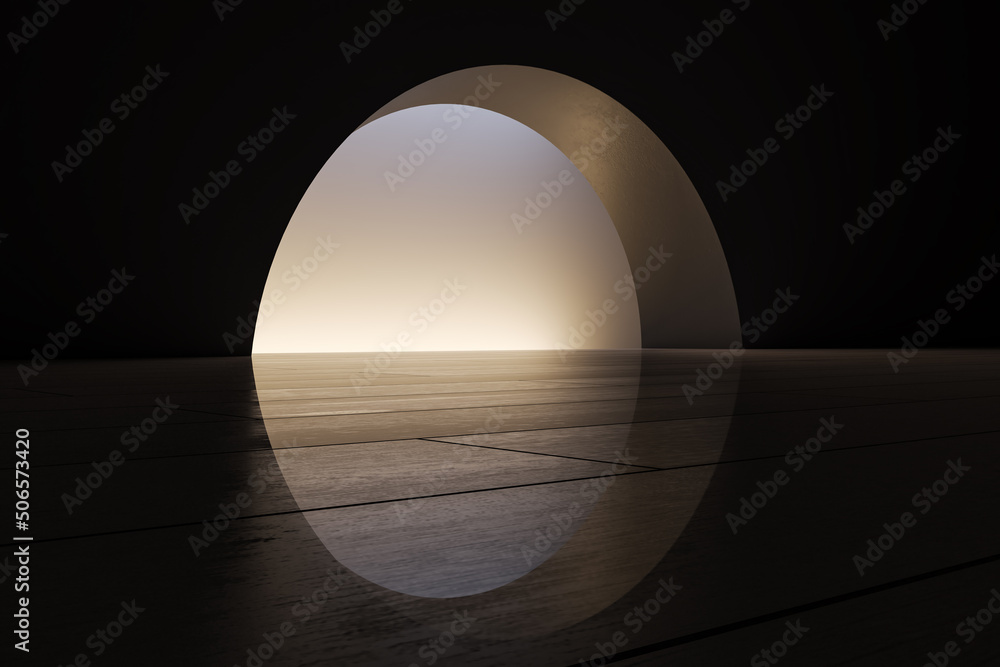 Aufkleber Abstract dark round exit or entrance sphere with light, reflections and mock up place. Tile floor. 3D Rendering.