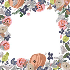 Vector floral frame. Roses and peonies arranged in border on white background