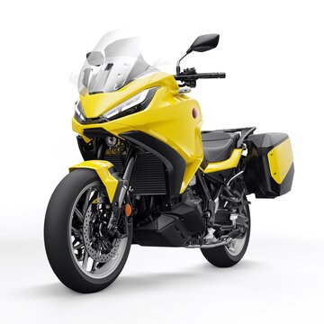 Tokyo, Japan. April 29, 2022: Honda NT1100. yellow motorcycle on a white background, designed for convenient urban movement. 3d illustration