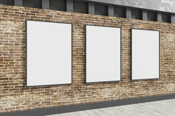 Clean white banners hanging on brick outdoor wall with shadows and sunlight. Billboard, commercial and advertisement concept. 3D Rendering.