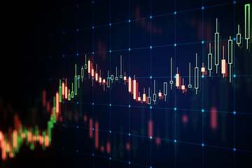 Forex market growth concept with going up glowing digital candlestick on dark squared wallpaper, side view. 3D rendering