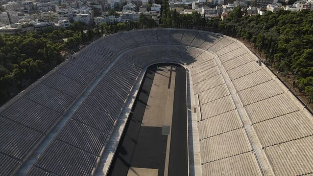 Athens, Greece. Aerial View of Panathenaic Stadium or Kallimarmaro, Marble Sports Arena, Host of First Olympic Games Opening, Drone Shot