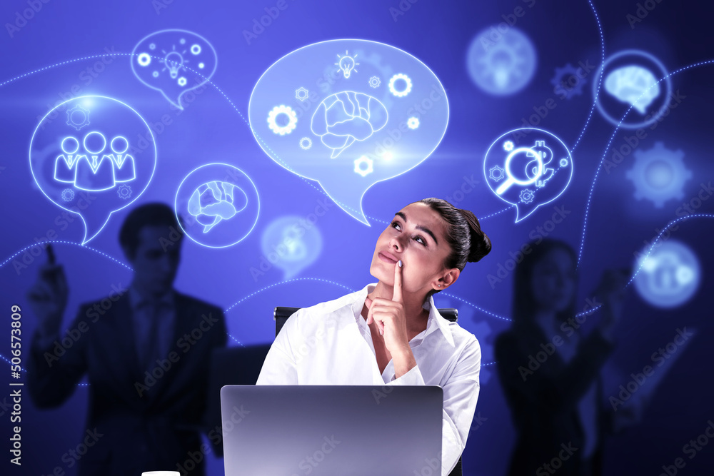 Poster attractive european businesspeople with devices working on abstract blue background with speech bubb