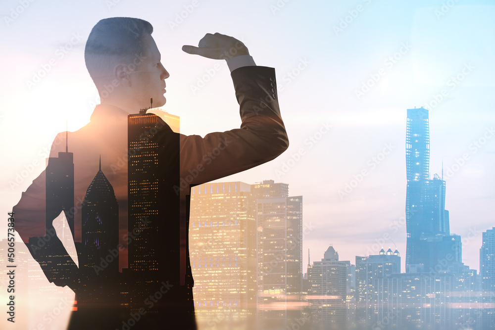 Poster abstract silhouette of man looking into the distance on bright city background with mock up place. f
