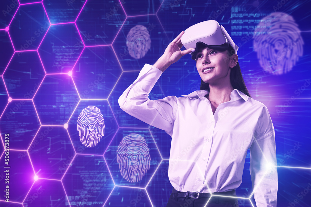 Poster attractive happy young european female with vr glasses on blue background with digital thumb print b