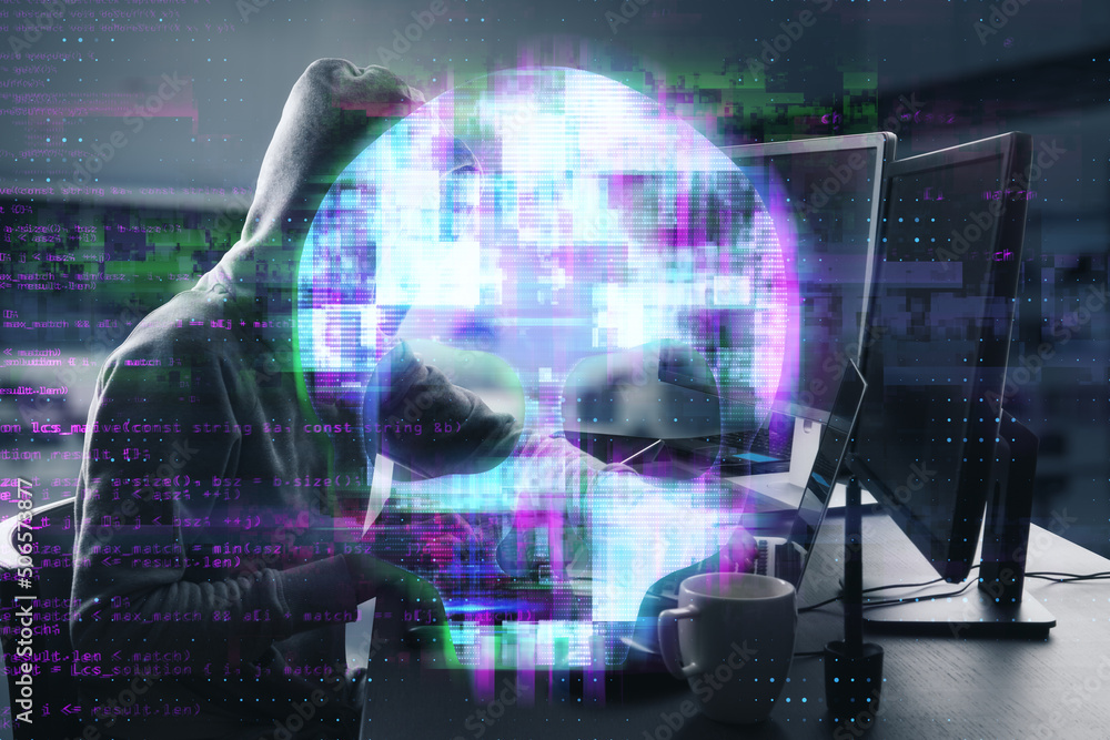 Aufkleber hacker at desktop using laptop computer keyboard with abstract digital skull hologram on blurry office interior backdrop. Hacking, danger, virus, malware and phishing concept. Double exposure.