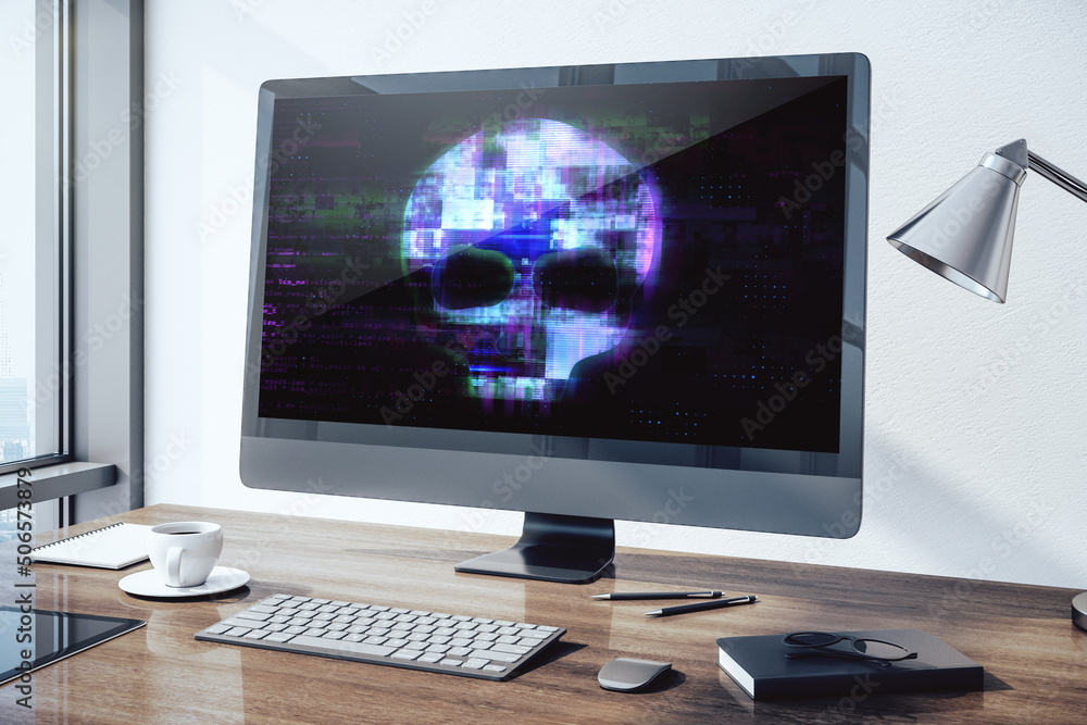 Poster Close up of laptop screen on desktop with abstract digital skull hologram. Hacking, malware, and phishing concept. 3D Rendering.