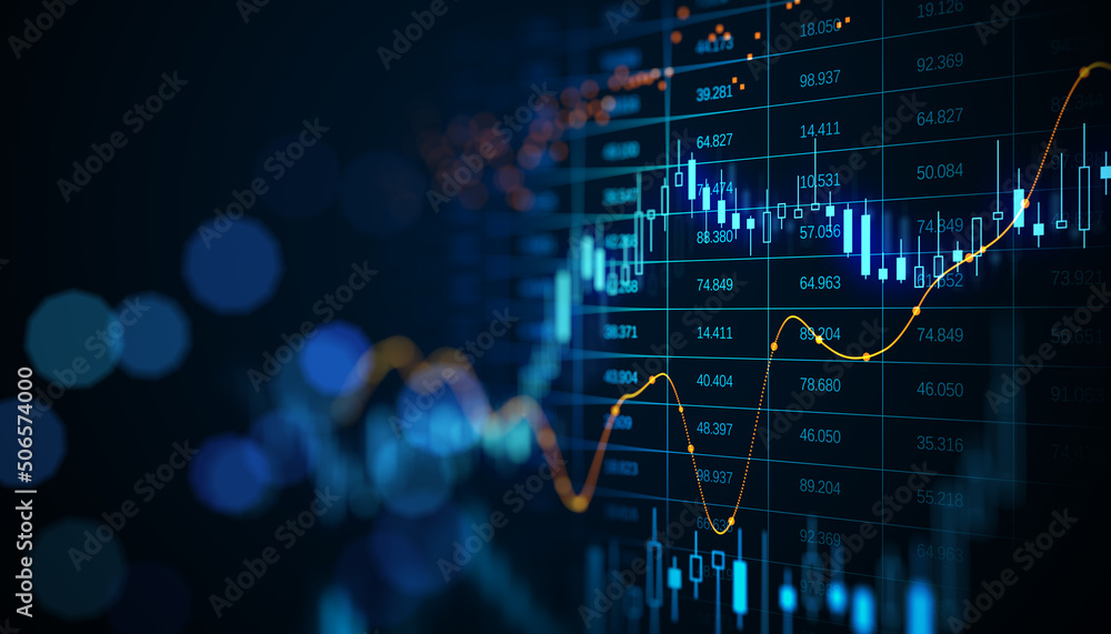 Poster Blank dark bokeh background with digital financial chart indicators, graphs and candlestick on a side. 3D rendering, mockup