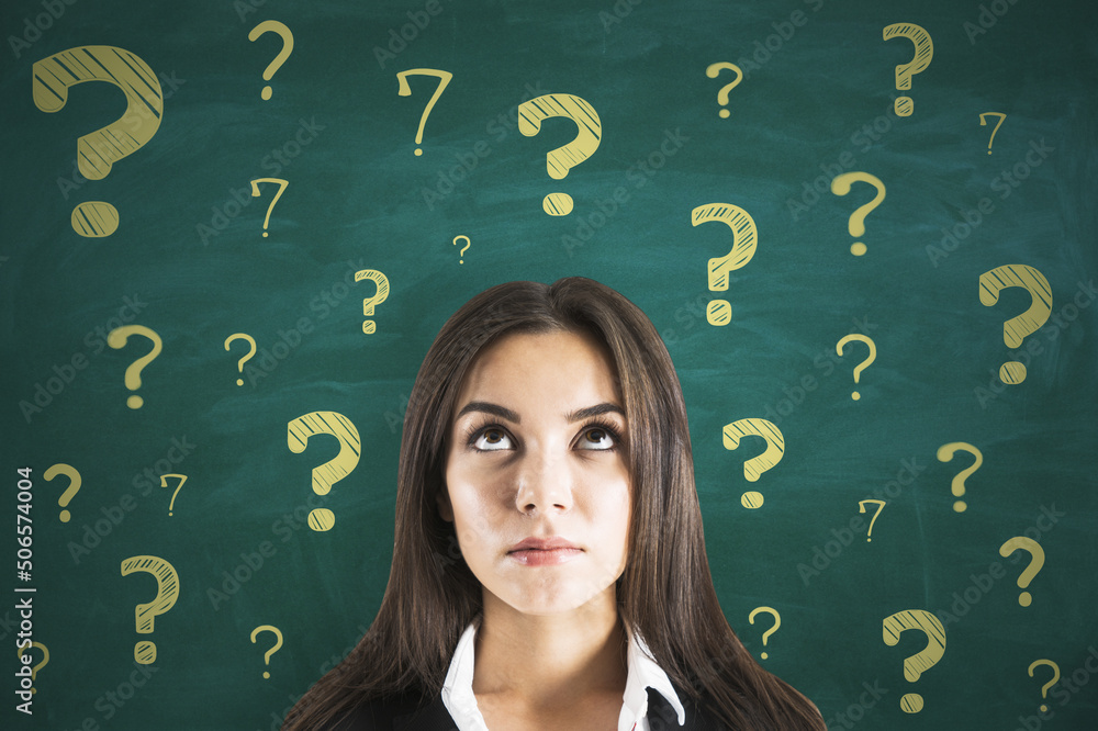 Poster Best decision and find solution concept with pensive woman on green chalkboard backdrop with golden color question marks