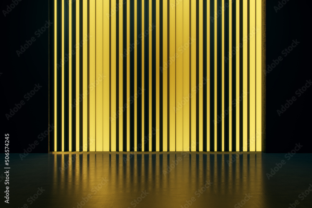 Poster dark interior with golden light blinds wall and mock up place. presentation concept. 3d rendering.