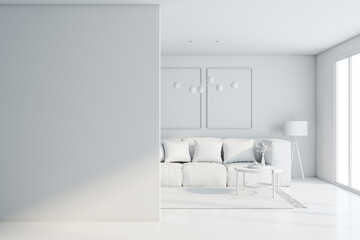 Fototapeta na wymiar Front view on blank light wall with copyspace for your text in all-white interior designed living room with light cozy sofa, lamp, coffee table and sunlight from big window. 3D rendering, mockup