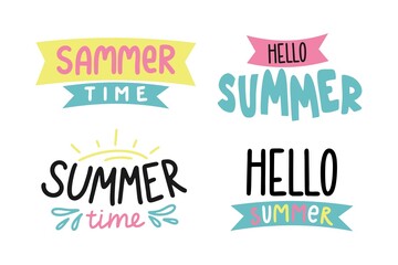 Obraz premium Lettering Hello Summer set on white background Summer banner greeting card Vector illustration in flat style