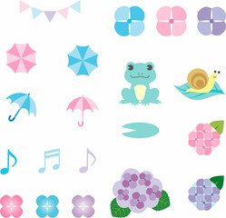 アイコン　飾り　あしらい　夏　梅雨　あじさい　花　雨　かわいい　おしゃれ　ベクター　イラストセット