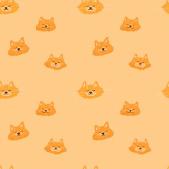 Seamless pattern with cute faces of red cats, red kittens, cute animals in cartoon style. Children's illustration for clothes, fabrics, postcards, packaging.
