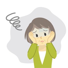 イラスト素材：シニア女性が頭を抱えて落ち込む姿/ネガティブ
