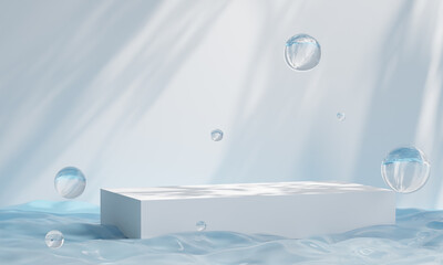 Podium on the water for product presentation. Natural beauty pedestal, relaxation and health, 3d illustration.