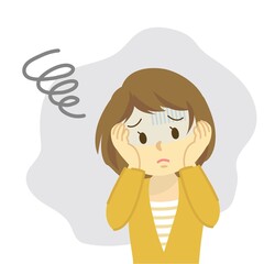 イラスト素材：若い女性が頭を抱えて落ち込む姿/ネガティブ
